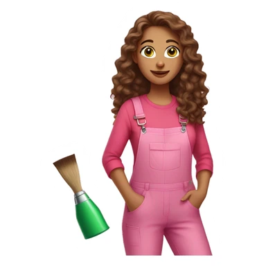 A woman with long brown curly hair, green eyes, wearing a pink overall and a paint brush with colorful paint sticker