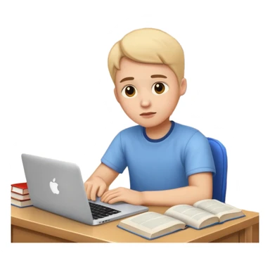 emoji student studying at home english books, macbook bored, room, white background sticker