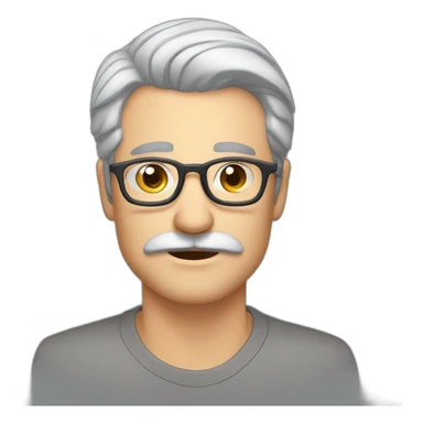 white guy tainted gray hair, brown eyebrows, mid 20s, light gray retangular glasses, growing mustache sticker