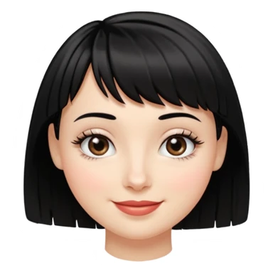 A white girl with short layered black hair and micro bangs, smiling. She has an oval-shaped face, lips without a heart shape, a slightly wide nose, long pretty lashes, and almond-shaped eyes. sticker