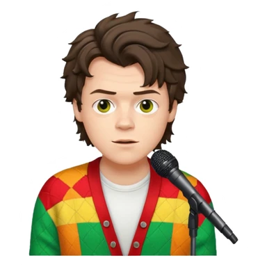 harry styles with a mic, he is wearing a patchwork colorful (red, yellow,green) cardigan and a white t-shirt under sticker