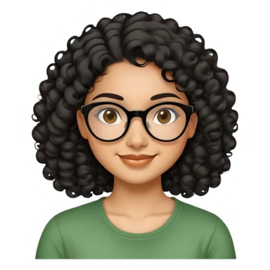 Hispanic woman in her 20s with caramel skin tone. Round face with prominent cheeks and dimples. Dark eyes with black thick-framed glasses. Shoulder-length curly black hair with defined curls. Wide sincere smile. Wearing a green casual top. sticker