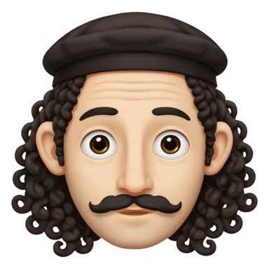 jewish jew man's face, wearing a tiny black kippah and 2 curly long hair strands near the ears, big nose, only face, no body, no mustache sticker