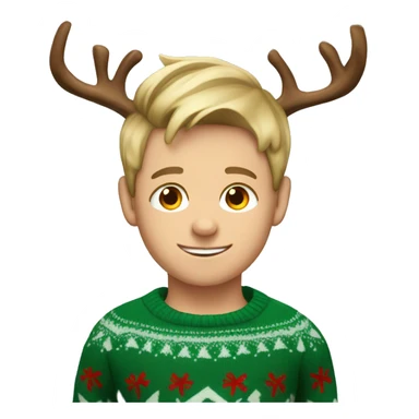 dark blond hairwd boy with christmas sweater and raindeer horns sticker
