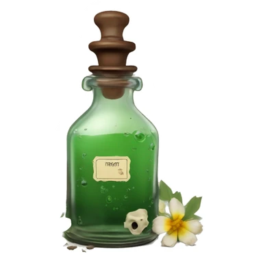 Mysterious Alchemical vintage glass potion bottle, exquisite bottle shape, old and shabby, with label, stylish and minimalistic, brown and shabby-green, oil potion is poured out of the bottle, herbal, flowers and oil is spilled next to it sticker