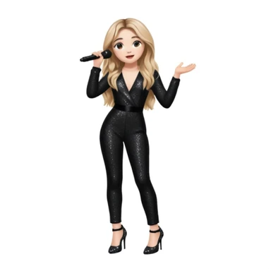 Sabrina carpenter singing at concert wearing a black sparkle jumpsuit and black sparkle heels. There is a huge crowd and light pink stage setting  sticker