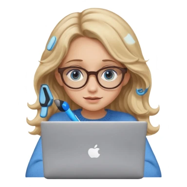 blonde girl with long dark blonde wavy hair, blue big eyes, pantos-style glasses, a brown sweater, sitting and looking in laptop, soft pastel, upper body shot sticker