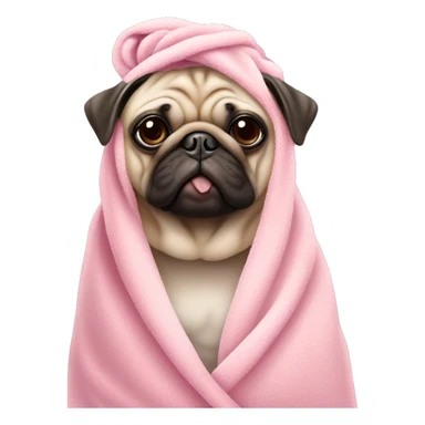 beige pug dog with a pink towel on its head and boba sticker