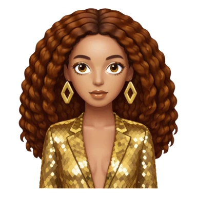 Solange with long dark auburn hair, gold sequin outfit sticker