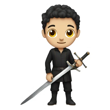boy with dark pants and dark long sleeve shirt. One hand holding a sword sticker