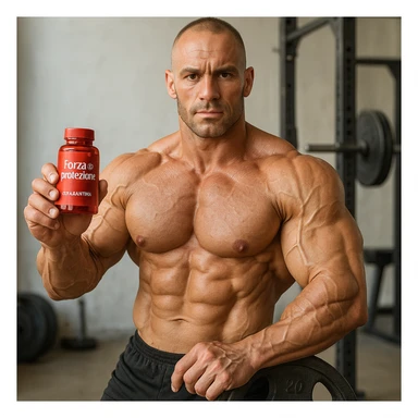 hyper realistic bodybuilder with astaxanthin supplement near weights, sculpted muscles, red bottle, text 'Forza e protezione', gym environment, light background sticker