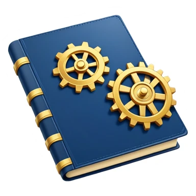 Un libro azul navy con detalles dorados, bordes metálicos y un gear dorado con una flecha ascendente como productividad en la portada, irradiando productividad, estrategia y éxito en movimiento sticker