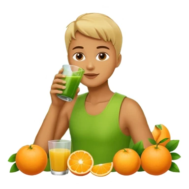 juice, colors yellow,orange,forest fruits, person, green juice sticker