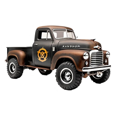 1:10 off-road lcg smoking rusting Basher style “Sandford and Son Salvage” 1954 blackened tarnished hotrod rat rod streamlined anime Studebaker zombie extended-cab rc bulging pickup (extra wide low-profile pin tires chrome wheels with fenders) sticker