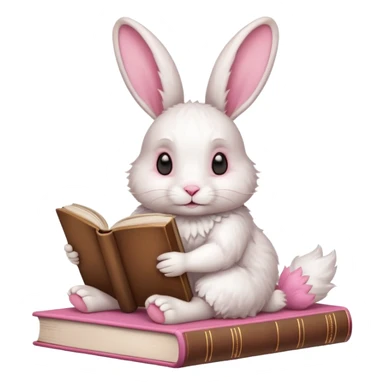 White rabbit sitting horizontally in a natural position on 4 legs, without a book.  There are 3 books nearby. books lie on top of each other  in brown tones

 sticker