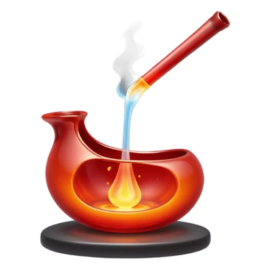Glassblowing and casting icon, molten glass being shaped into a delicate object with a blowpipe, glowing red-hot glass being poured into a mold, unfinished glass sculpture, minimalistic style, clean lines, transparent background. sticker