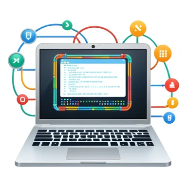 An icon featuring a laptop screen with colorful lines of code, brackets, and a blinking cursor, symbolizing programming. The design includes flowcharts, gear icons, and binary code, representing software development and logical problem-solving. Transparent background highlights the world of coding. sticker