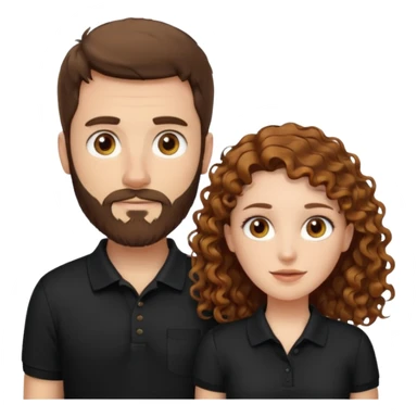 Criar Casal - Homem branco de cabelo liso e olhos marrom, com barba, camiseta polo preta e mulher de pele branca cabelo cacheado marrom longo e olhos mel sticker