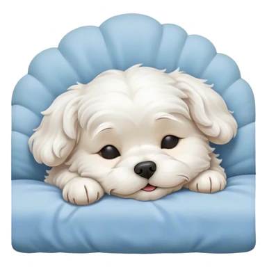 Cinematic Meme-Worthy cute Sleeping Wavy-Haired Maltese dog Portrait Emoji, Head resting peacefully with a contented smile, featuring a delightfully cute build and a luxuriously soft, wavy-haired white coat, eyes shut in a serene nap, Simplified yet hilariously adorable features, highly detailed, glowing with a soft, drowsy light, high shine, relaxed and utterly lovable, stylized with an air of playful laziness, bright and endearing, soft glowing outline, capturing the essence of a comically sleepy companion, so meme-worthy it feels like it could instantly become the next viral sensation of adorable slumber! sticker