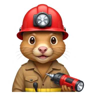 a mole rat with drill, red helmet, headlamp sticker