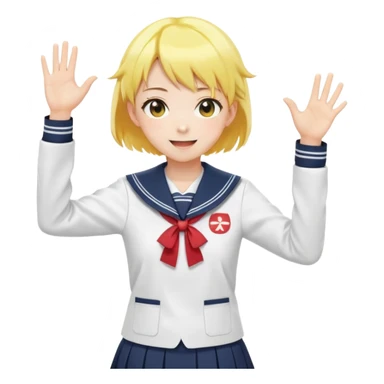 Anime girl with short bright yellow hair wearing Japanese sailor style school uniform, composed posture with hand on hip but energetically waving with other hand, excited smile and happy eyes sticker