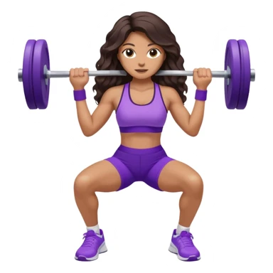 mujer de tez trigueña, con cabello castaño oscuro ondulado no muy marcado, con el cabello hasta las nalgas super largo estilizado, con ropa deportiva morada/lila, tenis blancos deportivos y levantando una pesa sticker