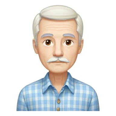 Skinny man in his 70s with fair skin. Long narrow face. Gentle light brown eyes. Long, flowing straight white hair reaching past shoulders, with light bangs. Thin eyebrows. White goatee connected to mustache. Slender appearance. Wearing a light blue and beige checkered button-up shirt. sticker