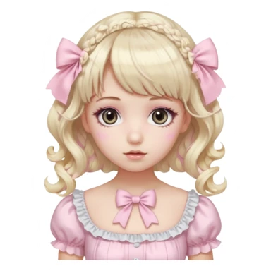pale girl , who has curly medium length blonde and baby pink swirled hair with bangs , grey eyes , and doll like makeup , in a light pink lolita hime gyaru dress emoji | AI Emoji Generator sticker