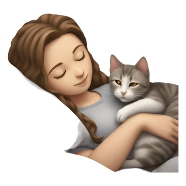 White girl brown hair sleeping with light grey kitten sticker