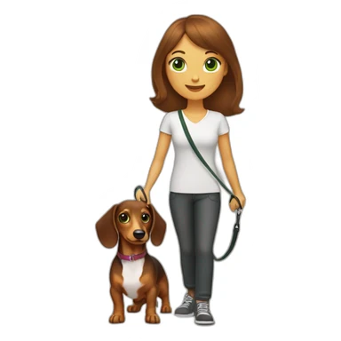 A woman with shoulder-length brown hair, straight bangs and green eyes has a rough-coated dachshund on a leash. sticker