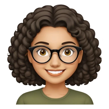 Young Latina woman with light tan skin. Round friendly face with dimples when smiling. Dark brown eyes behind black-framed glasses. Thick arched eyebrows. Shoulder-length curly voluminous hair. Big smile. Wearing an olive green top. sticker