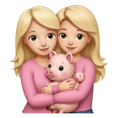 Girlfriends, blonde and brunette, hugging each other with a teddy bear and a little pig. Teddy sticker