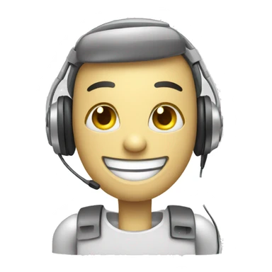 A friendly robot sales rep smiling and wearing a headset sticker