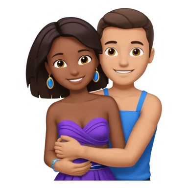 Tan brunette European male in blue shirt smiling and hugging a jet black African girl in purple strapless dress and blue jewelry sticker