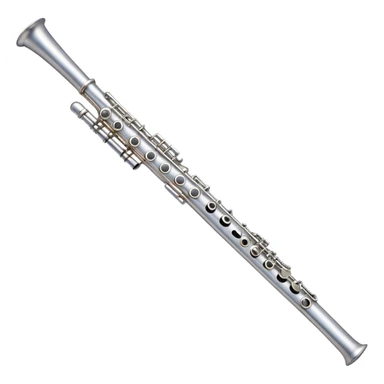 Create an elegant and refined emoji representing a classical silver flute. The design should showcase the sleek, polished silver body of the flute with its keywork and tone holes clearly visible. Highlight the smooth, straight shape of the instrument with subtle light reflections on its metal surface. The keys should be delicately detailed, with their small, round pads visible. Add a slight shine to the flute’s surface to reflect its high-quality craftsmanship. Optionally, include subtle musical notes floating around the flute to evoke its light, melodic sound. The background should be transparent. sticker