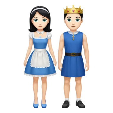 King, black hair, body, legst, blue eyes, blue garmont,  shoes, blonde maid, green eyes, sexy short sleveless White dress, shoes sticker