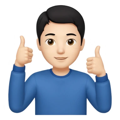 3D avatar of a Korean male frontend developer,
clean 5:5 middle part black hair,
no glasses,
close-up face portrait,
only head and one hand visible,
one hand making thumbs up gesture,
soft and friendly expression,
minimal style
 sticker