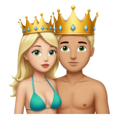 Blonde Queen Green eyes with crown in Bikini kissing Male subject without crown dark Hair blue eyes sticker