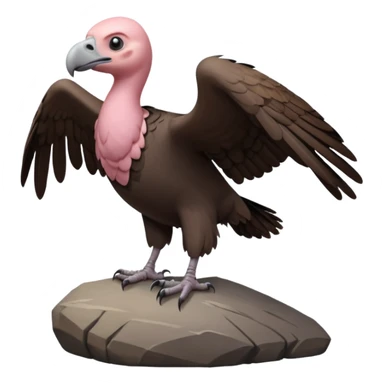 a vulture — large bird with dark brown feathers, bald pinkish head, curved beak and sharp eyes — standing proudly on a rock — wings slightly open — realistic yet cute cartoon emoji look, clean lighting, soft shadows. sticker