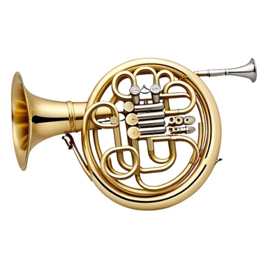 Create a refined and elegant emoji representing the Arnolds & Sons AHR-350 horn. The design should feature the instrument's beautifully coiled brass body with its distinct flared bell, showcasing the high-quality craftsmanship. Include delicate details like the tuning valves, finger buttons, and elegant brass finish. Add subtle musical notes around the horn to symbolize its melodic sound. Use warm golden and brass tones to convey the luxury and professional quality of the instrument. The background should be transparent sticker