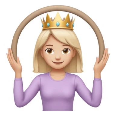 Cute emoji sticker of a girl holding a Pilates ring (magic circle) with both hands, squeezing it. She is smiling, wearing a tiny crown and beige activewear. Pastel accents, kawaii style, clean white outline, transparent background. sticker