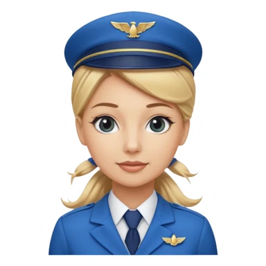 Create an emoji of a female flight attendant with blonde hair tied up, wearing a blue flight attendant hat and a blue flight attendant uniform. sticker