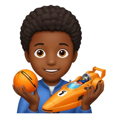 black kid playing orange formula 1 toy sticker