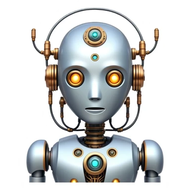 A quirky AI robot with an artistic twist, looking slightly surreal, with a combination of organic and mechanical elements, emitting glowing data streams, inspired by sci-fi and steampunk aesthetics. sticker