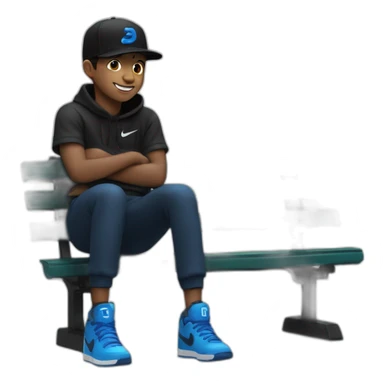 smiling boy,in black , sentado en un banco, con gorra, zapato Nike color negro con azul sticker