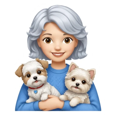silver, short, wavy-haired with loose curls, smiling pretty lady holding a white west highland terrier dog and a white and tan shih tzu dog sticker