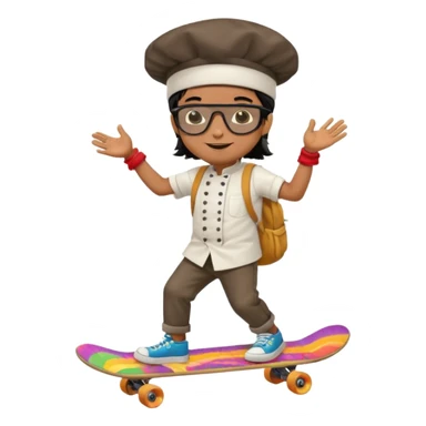 ["A happy boy with brown skin, straight hair, wearing a chef hat and sunglasses, dressed in hippie fashion, is skateboarding while holding a backpack."] sticker