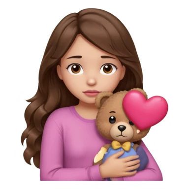 girl with long wavy brown hair, brown eyes, light to medium complexion, in a pink shirt, pink lips, long lashes, sad, hugging a teddy bear with a  heart sticker