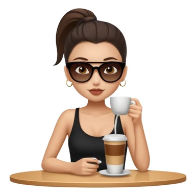 generate a pretty fair bratz girl with dark brown eyes, dark brown eyes tied into a slick back ponytail, thin brown sunglasses. Wearing a black cami top and drinking coffee, high cheekbones sticker