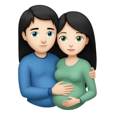 Make a couple hugging the girl is white with long black hair with blue eyes. The girl is hugging a boy with light brown short hair with green eyes. The boz is pregnant  sticker